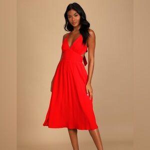 Lulu’s Bold New Look Bright Red Tie-Back Midi Dress With Pockets NWT size medium
